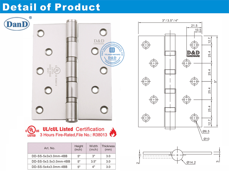 UL Mortise Fire Door Hinge-D and D Hardware Bản lề cửa chống cháy UL Mortise-D và D Phần cứng