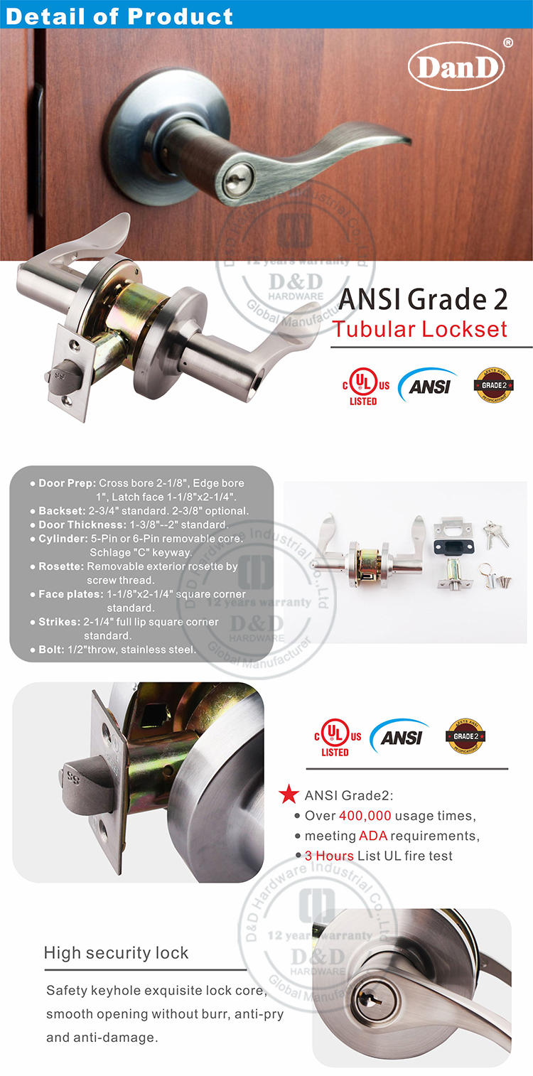 ANSl Tubular Lockset-DDLK010-D and D Hardware Bộ khóa hình ống ANSl-DDLK010-D và D Phần cứng