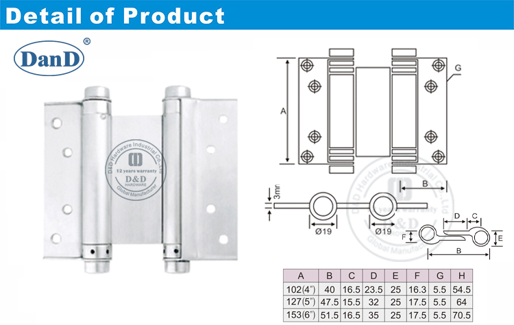 Double Action Spring Hinge-D and D Hardware Phần cứng bản lề lò xo tác động kép-D và D