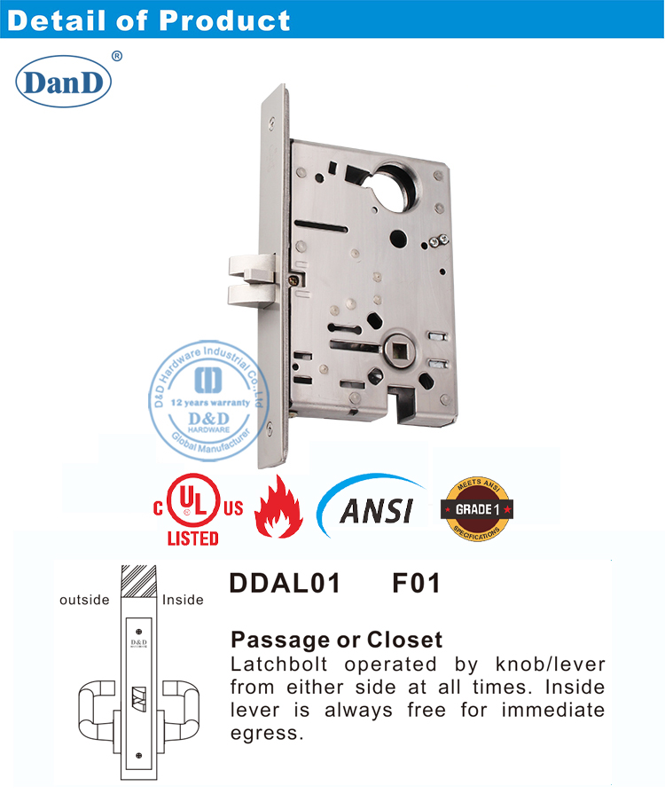 ANSI Passage Door Lock-D and D Hardware Khóa cửa đi qua ANSI-D và Phần cứng D