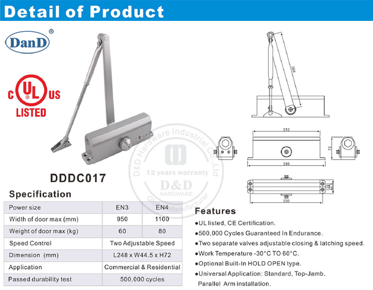 UL Spring Door Closer-D and D Hardware Phần cứng đóng cửa lò xo UL-D và D