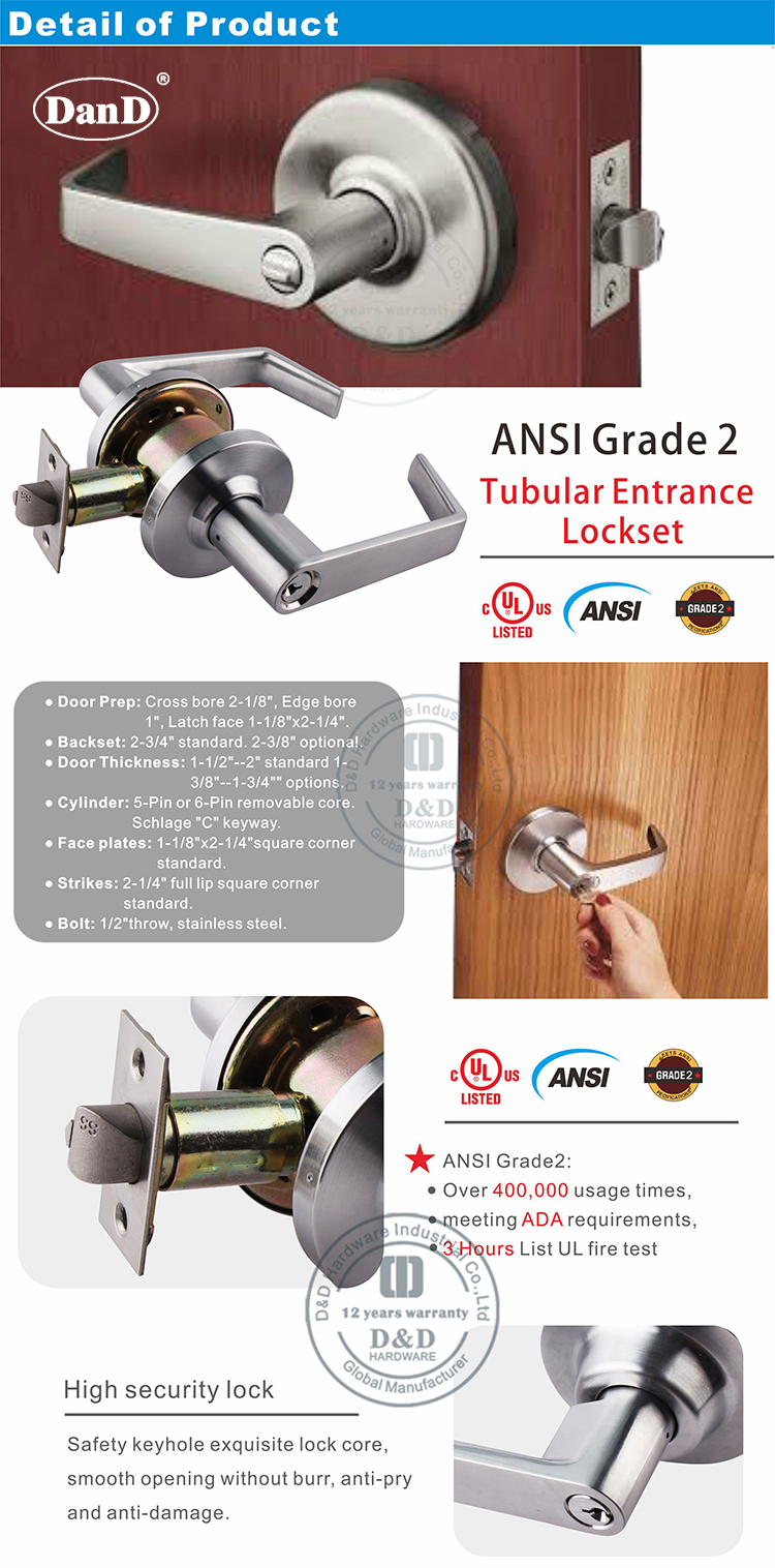 ANSI Tubular Lockset-DDLK011-D and D Hardware Phần cứng ổ khóa hình ống ANSI-DDLK011-D và D