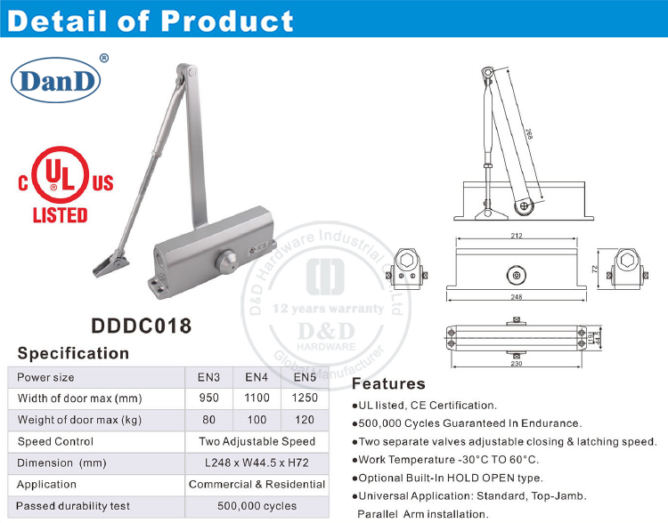 UL Heavy Duty Door Closer-D and D Hardware Phần cứng đóng cửa hạng nặng UL-D và D