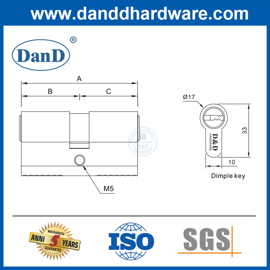 Xi lanh cửa khóa đôi bằng đồng thau Sollid bảo mật cao với năm phím-DDLC023
