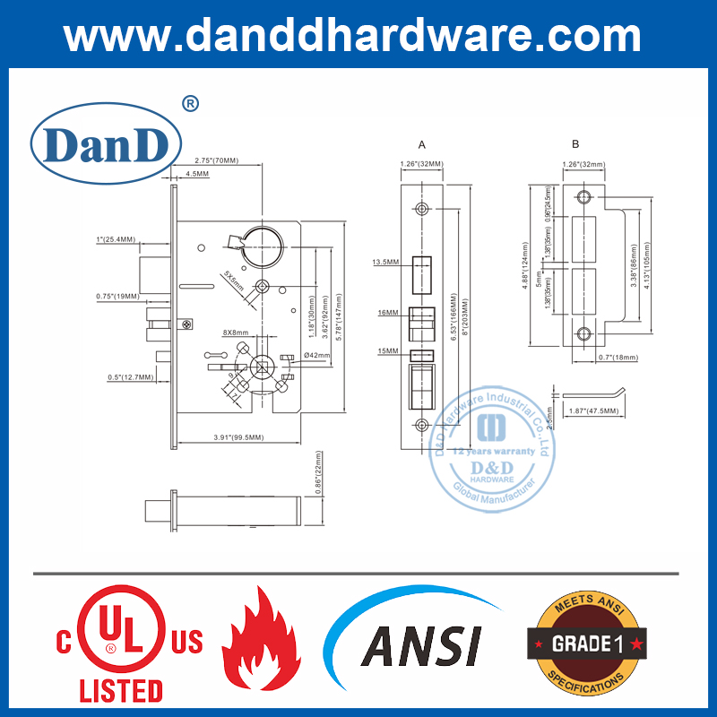 Khóa cửa vào bằng thép không gỉ 304 loại 1 ANSI-DDAL04