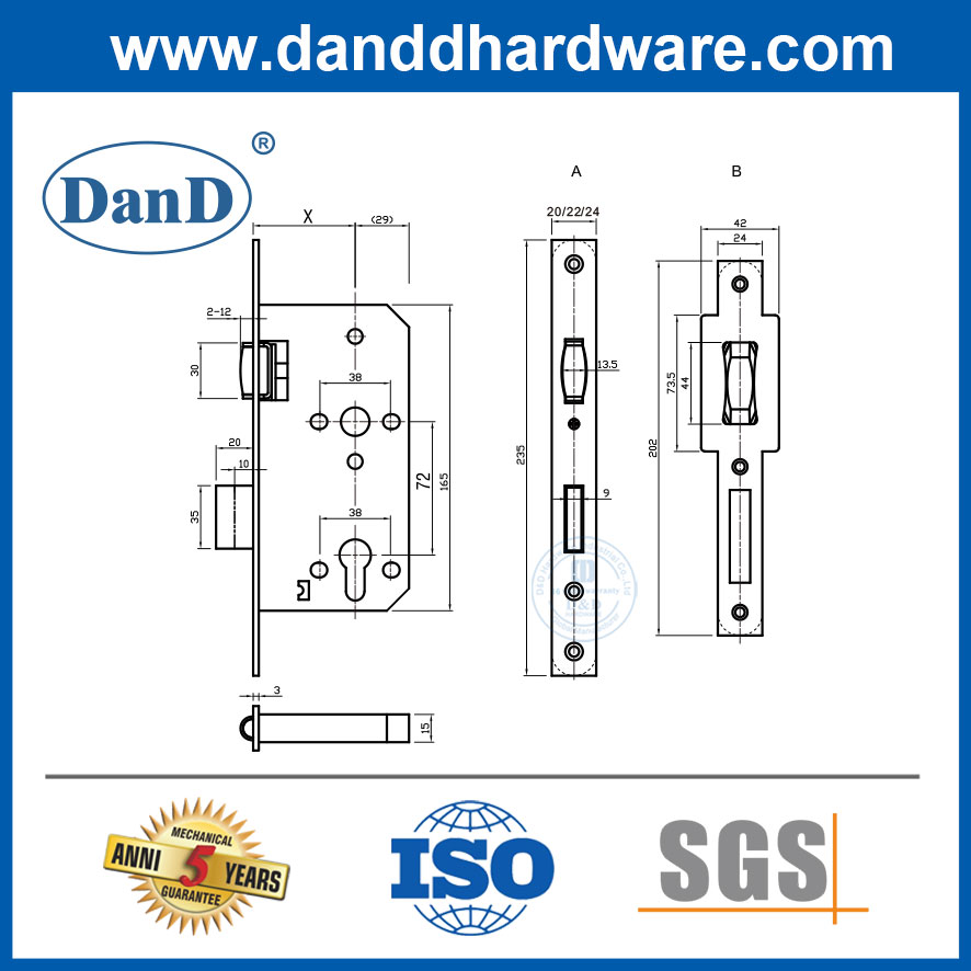 Khóa cửa kim loại Euro Roller Latch Passage cho căn hộ-DDML010-6072