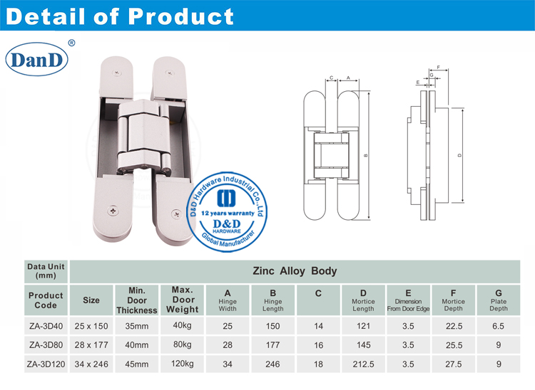 Bản lề cửa ẩn hạng nặng-D và D Hardware-80KG