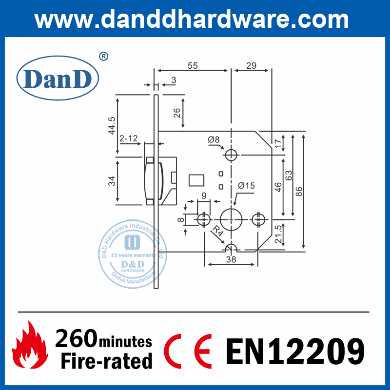 Khóa mộng bu lông con lăn bằng thép không gỉ 304 Euro cho cửa bên trong-DDML030