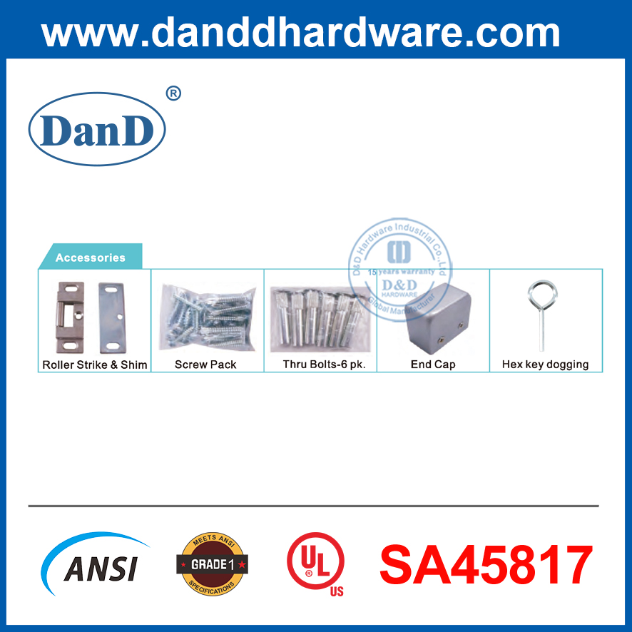 Thanh đẩy cửa thoát hiểm bằng thép sơn bạc Phần cứng hoảng loạn Thanh chắn cửa thép UL305-DDPD025
