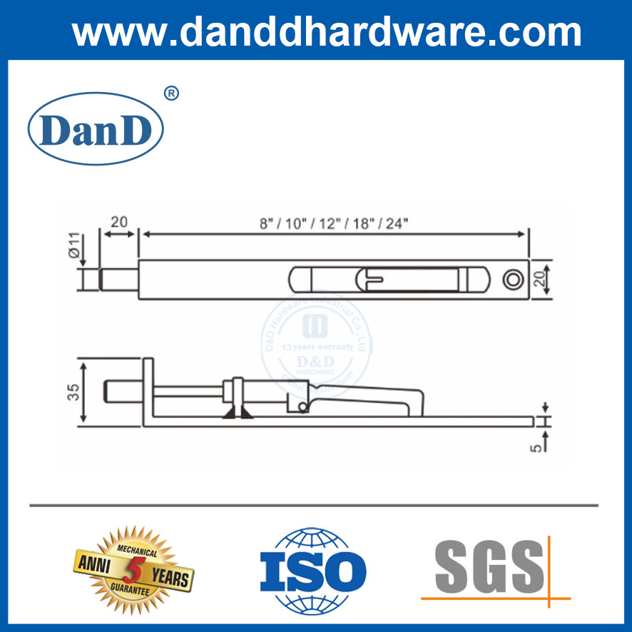 Bu lông xả bằng đồng thau 12 inch hoàn thiện bằng vàng cho cửa bên ngoài-DDDB002