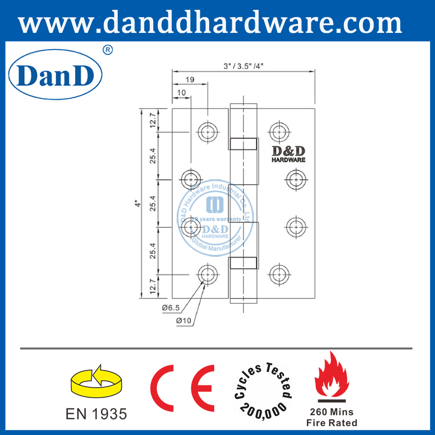 Bản lề cửa bên trong phòng chống cháy SS304 CE Châu Âu cấp 13 -DDSS001-CE -4x3.5x3