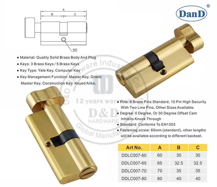 Xi lanh khóa cửa thương mại bằng đồng thau được đánh bóng-Phần cứng D và D