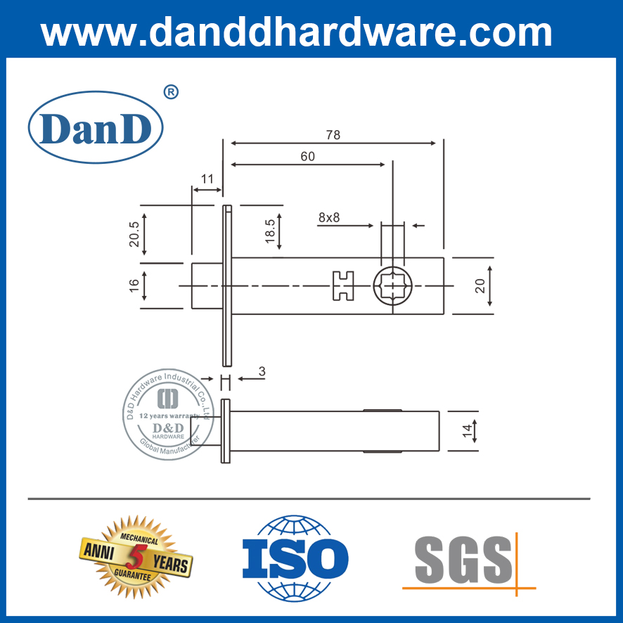 Thiết kế mới Chốt cửa WC bằng đồng thau nguyên khối cho cửa thương mại-DDML033