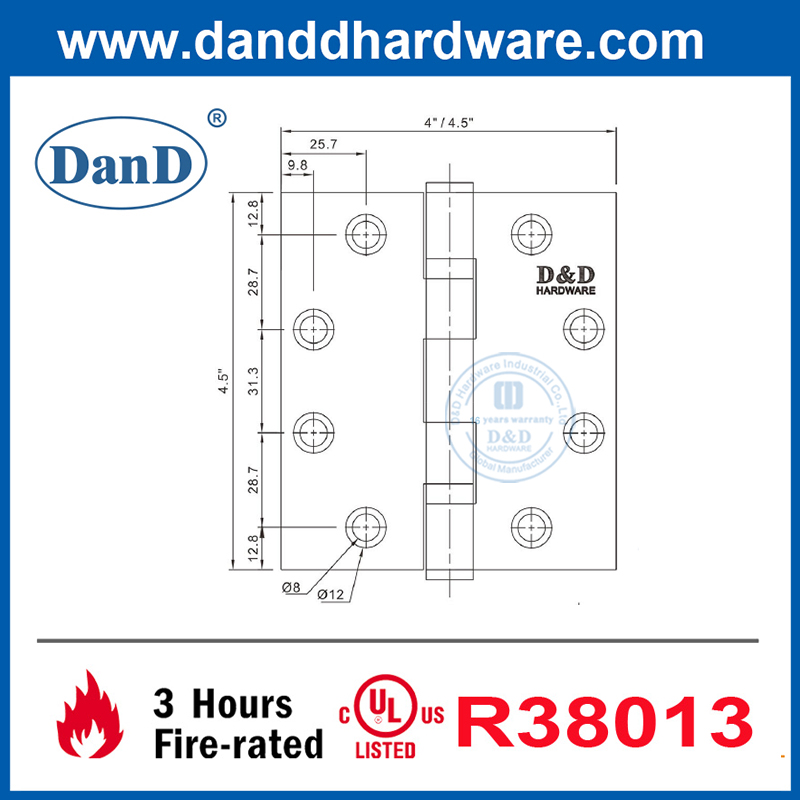 Bản lề cửa trước chống cháy SS316 được liệt kê bởi UL cho tòa nhà thương mại-DDSS002-FR-4.5x4x3