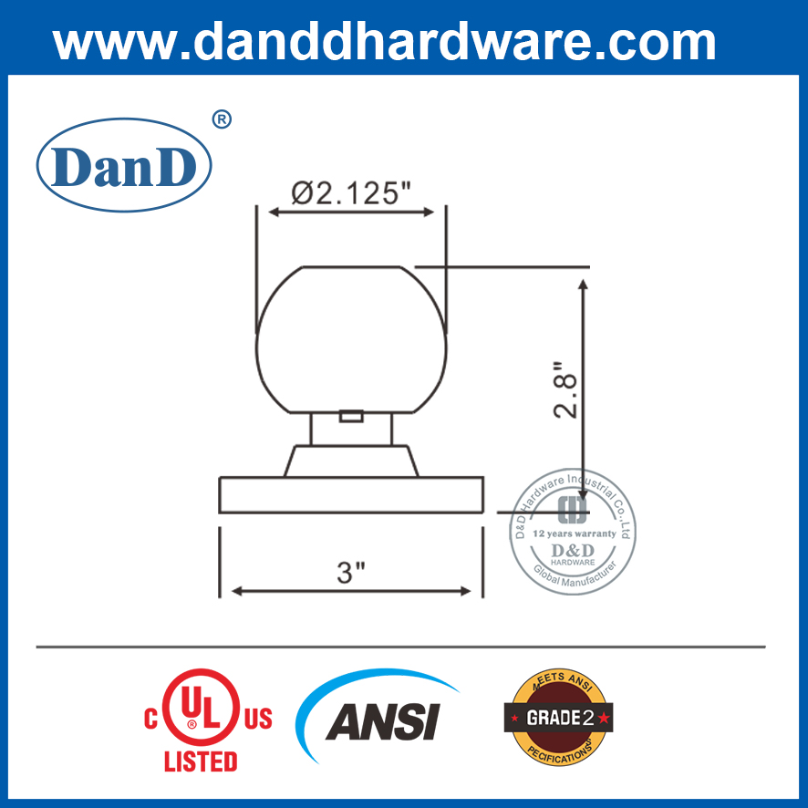 Ổ khóa hình ống bóng chống cháy bằng hợp kim kẽm ANSI được UL liệt kê cho cửa ra vào-DDLK012