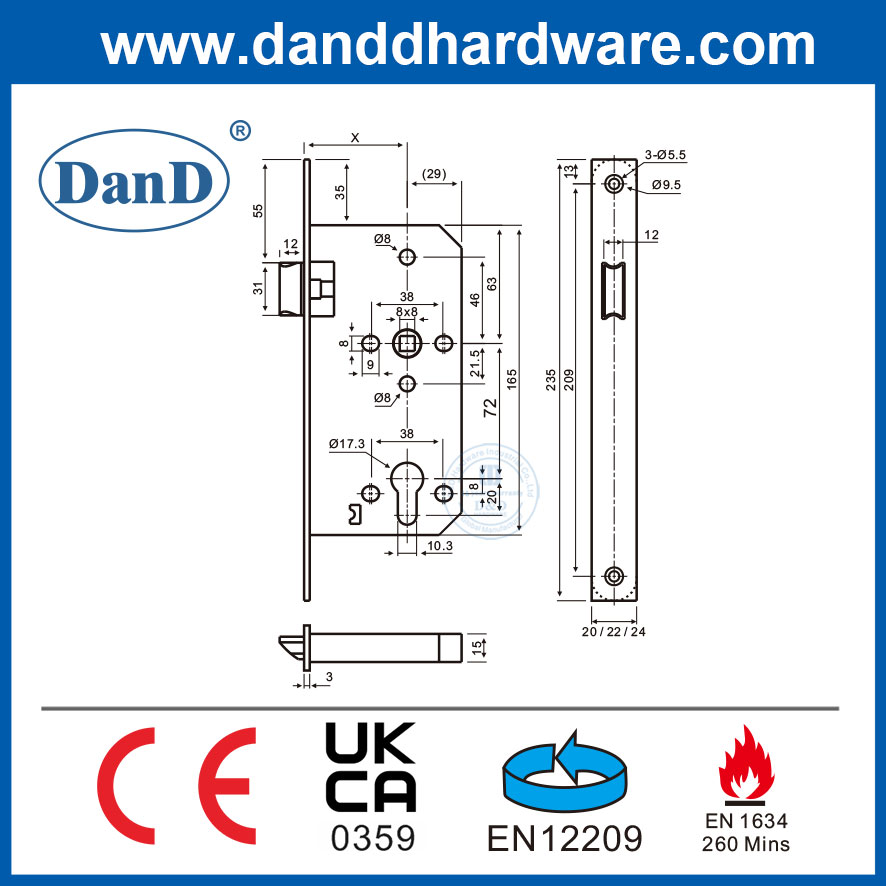 CE EN 12209 Thép không gỉ 304 Euro chốt chốt cửa lỗ mộng Khóa cửa kim loại-DDML011-5572