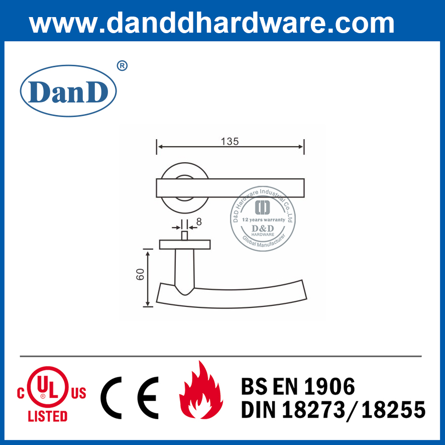 Tay nắm cửa ra vào bằng thép không gỉ 304 màu bạc trên Rosette tròn-DDTH013