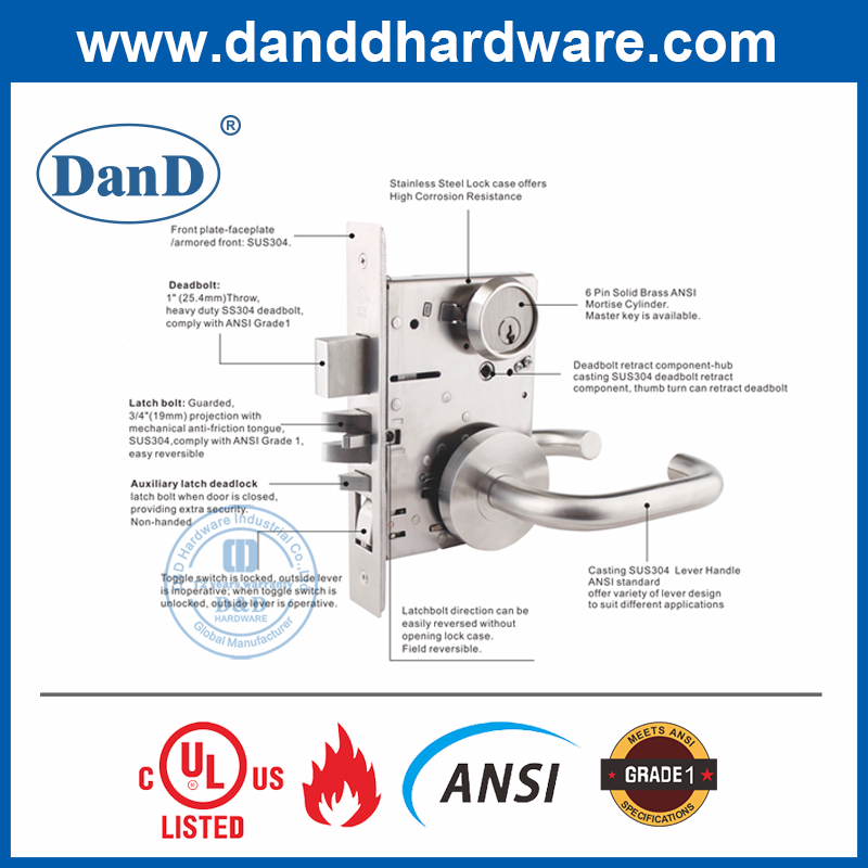 Khóa chốt chốt SS304 ANSI cấp 1 cho cửa lớp học-DDAL05
