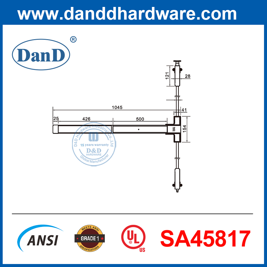 Chốt 2 điểm UL305 Dogging Phần cứng cửa hoảng loạn Thép thanh dọc Thiết bị thoát hoảng loạn-DDPD027