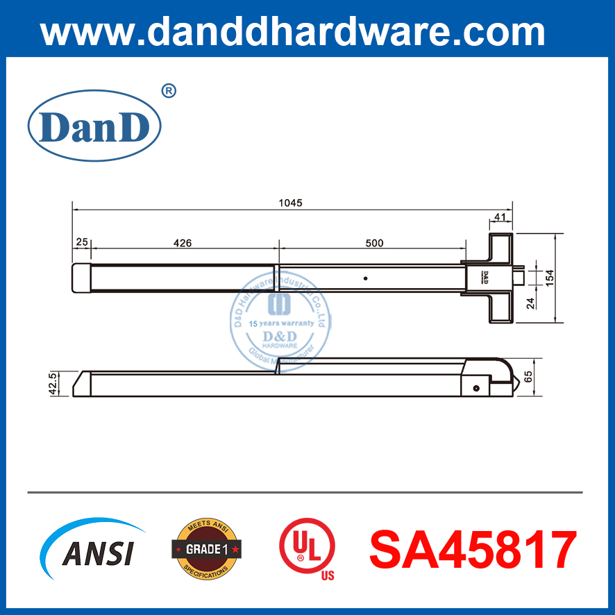 Thanh đẩy cửa thoát hiểm bằng thép sơn bạc Phần cứng hoảng loạn Thanh chắn cửa thép UL305-DDPD025