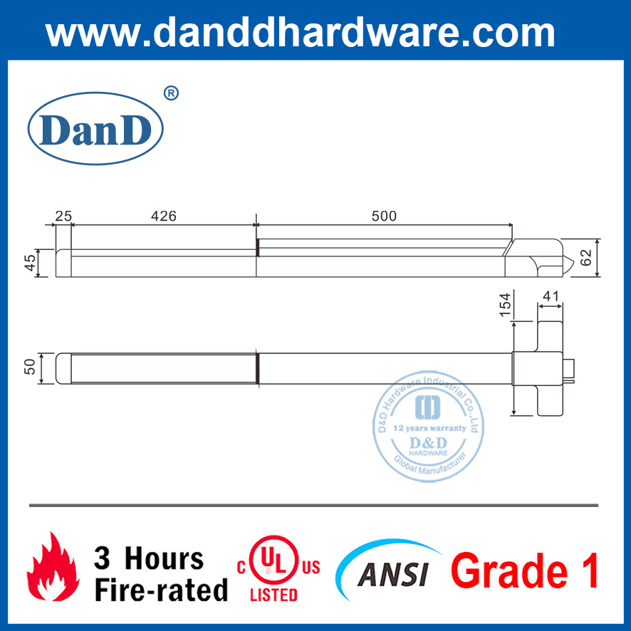 Thanh đẩy cửa thoát hiểm bằng thép chống cháy ANSI cấp 1 UL-DDPD003