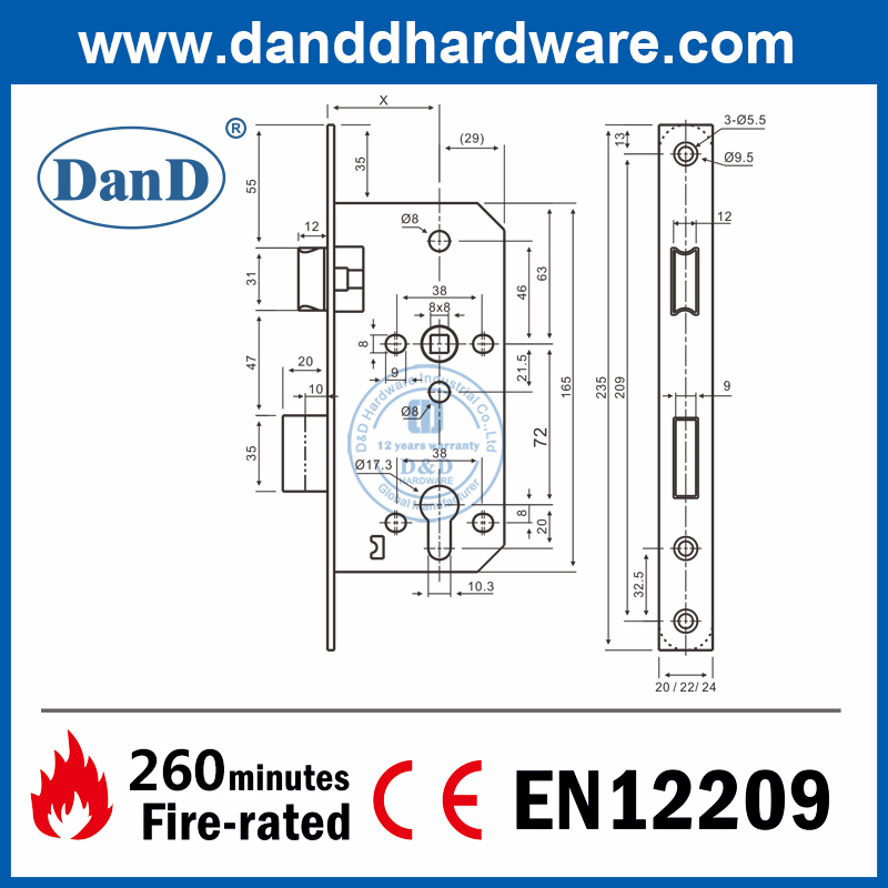 CE Mark SS304 Khóa cửa trước lỗ mộng hình tròn được xếp hạng chống cháy-DDML009R