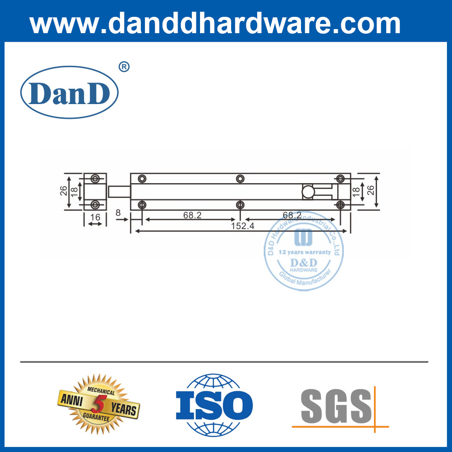 Bu lông tháp vuông bằng thép không gỉ 8 inch Bu lông trượt nòng Latch-DDDB024