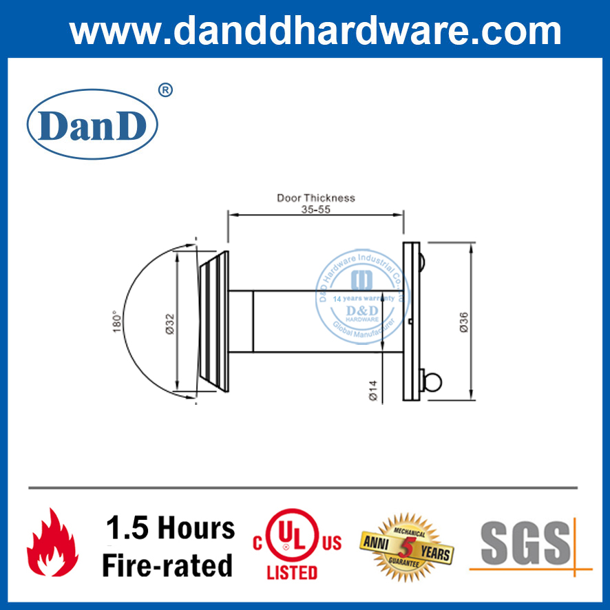 Lỗ nhìn trộm cửa bên ngoài 180 độ được xếp hạng chống cháy UL trong cửa chống cháy-DDDV007