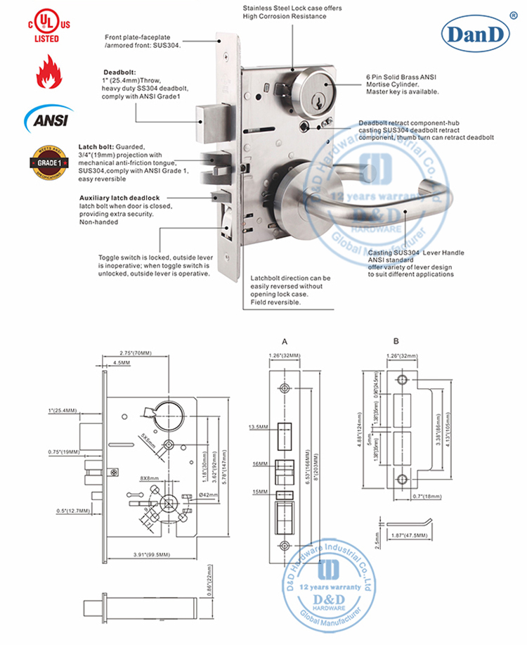 Khóa cửa lỗ mộng ANSI-D và phần cứng D