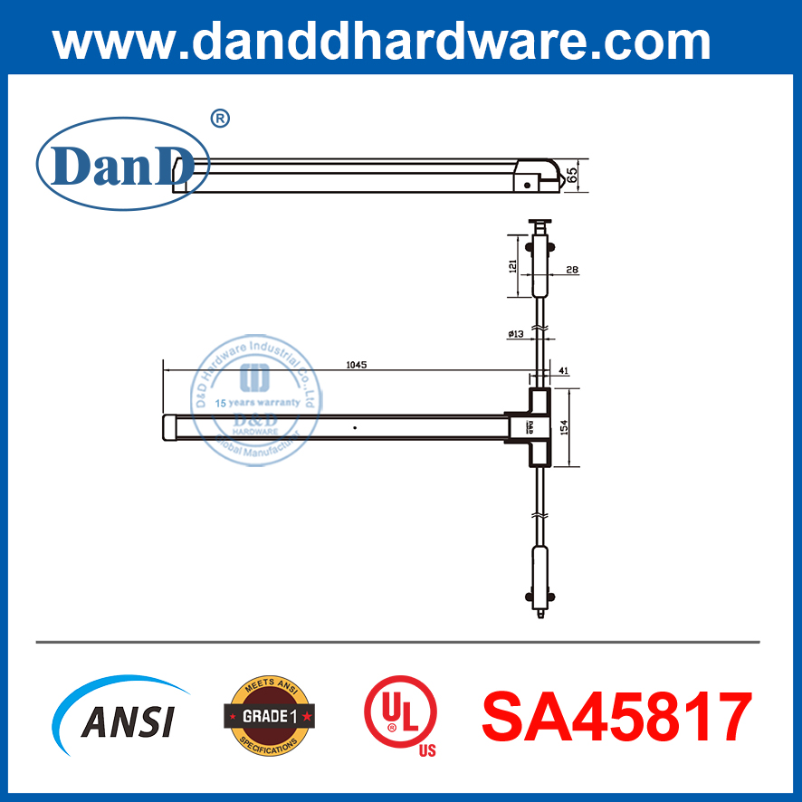 Thanh đẩy cửa thoát hiểm UL305 Thép không gỉ Chìa khóa lục giác Dogging 2 điểm Panic Bar-DDPD028