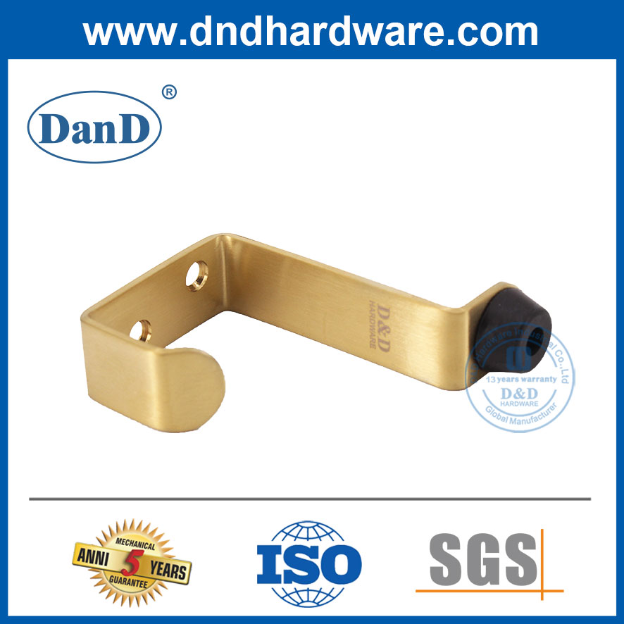 Nút chặn cửa màu vàng bằng thép không gỉ bằng đồng thau Satin có móc treo tường-DDDS024