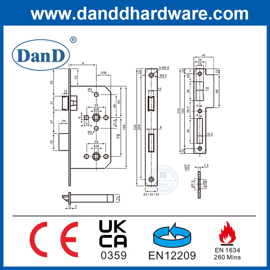 EN12209 Cửa an ninh Châu Âu Phòng tắm Khóa mộng bằng thép không gỉ Body-DDML012-5578