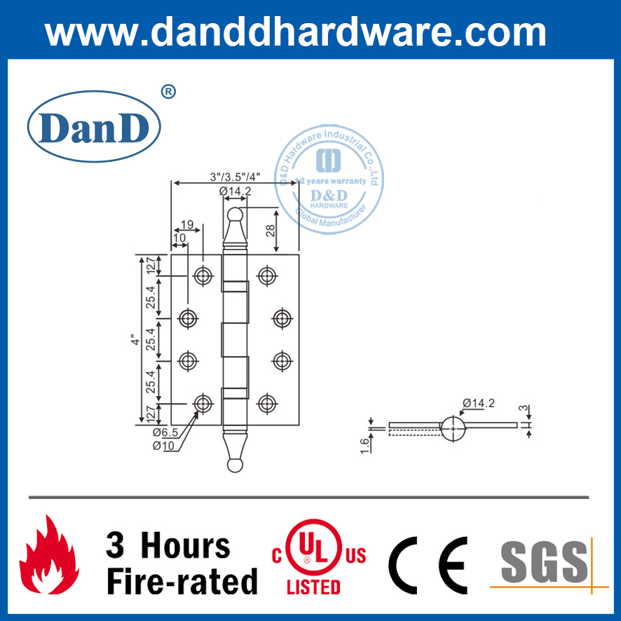 Bản lề cửa ngoài 4 inch bằng thép không gỉ 304 Crown Tip-DDSS034-B