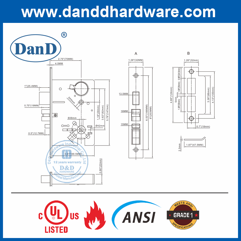 Khóa cửa kiểu Mỹ cấp 1 SS304 ANSI cho kho-DDAL07