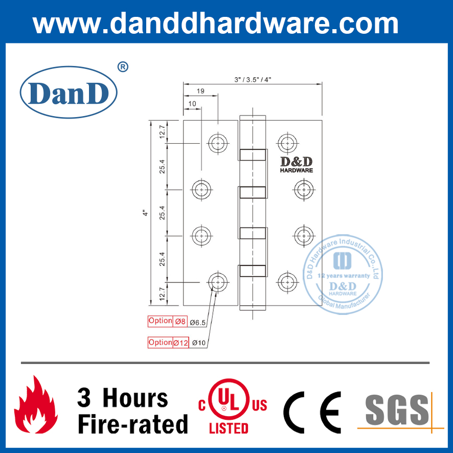 Bản lề cửa UL bằng thép không gỉ AISI304 chống cháy bằng đồng thau cổ-DDSS003-FR-4X3X3.0