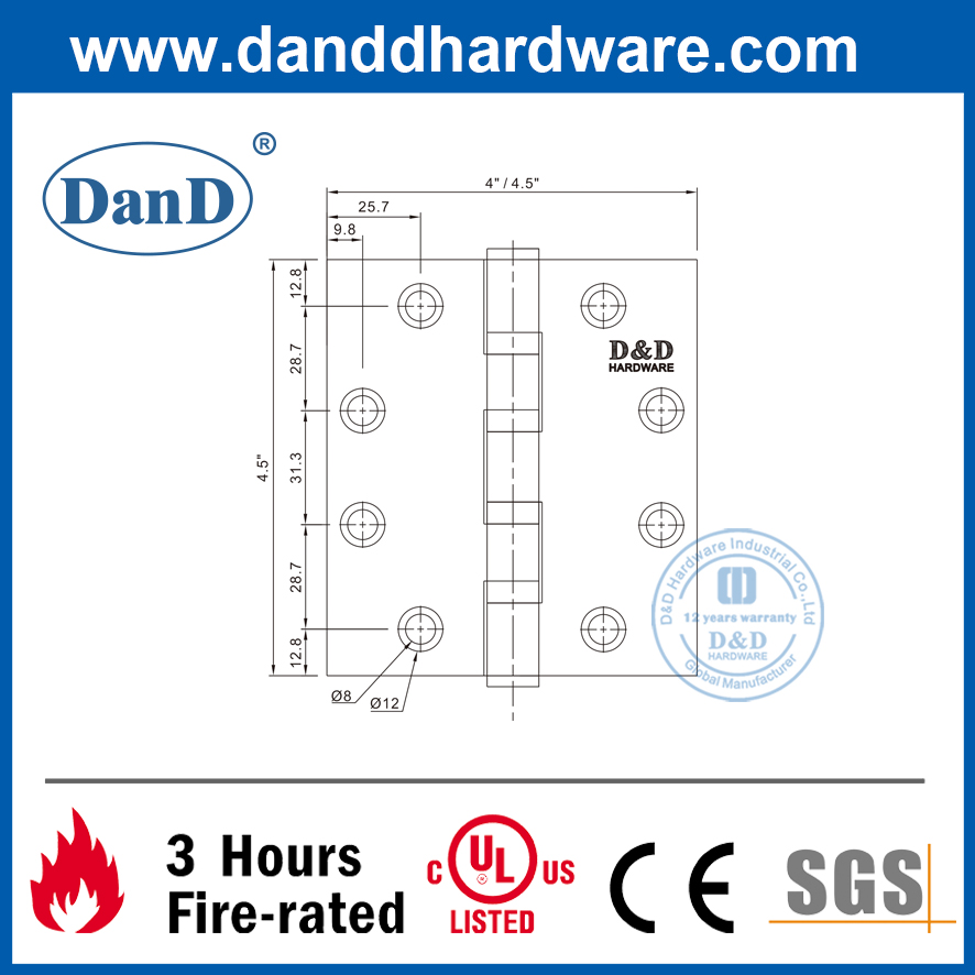 Bản lề cửa gỗ hạng nặng chống cháy R38013 SS304 được liệt kê trong danh sách UL- DDSS004-FR