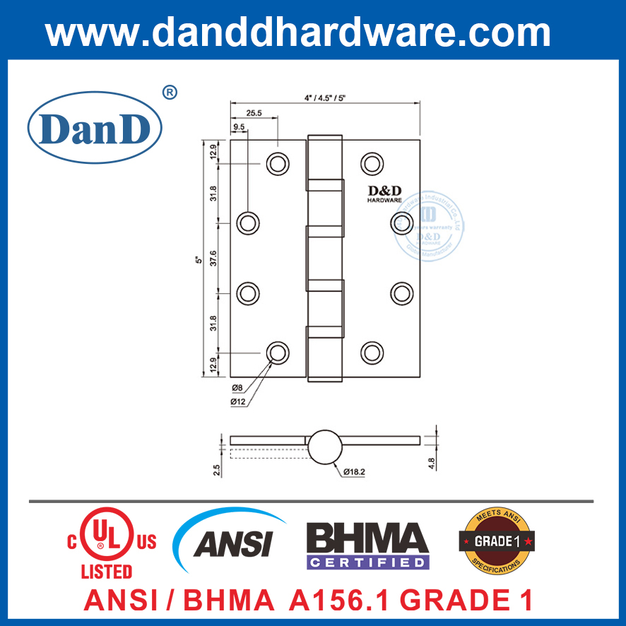Bản lề cửa chính vòng bi 5 inch ANSI BHMA loại 1-DDSS001-ANSI-1-5X5X4.8