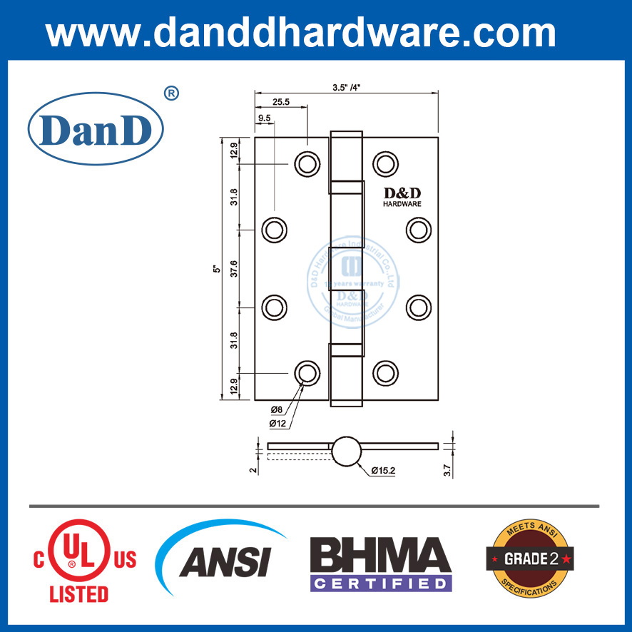 Bản lề cửa ngoài BHMA bằng thép không gỉ 5 inch ANSI cấp 2-DDSS001-ANSI-2