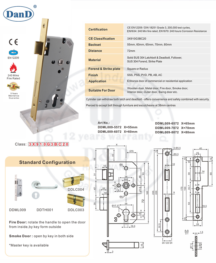 Phần cứng Golden Mortise Lock-D và D của Châu Âu