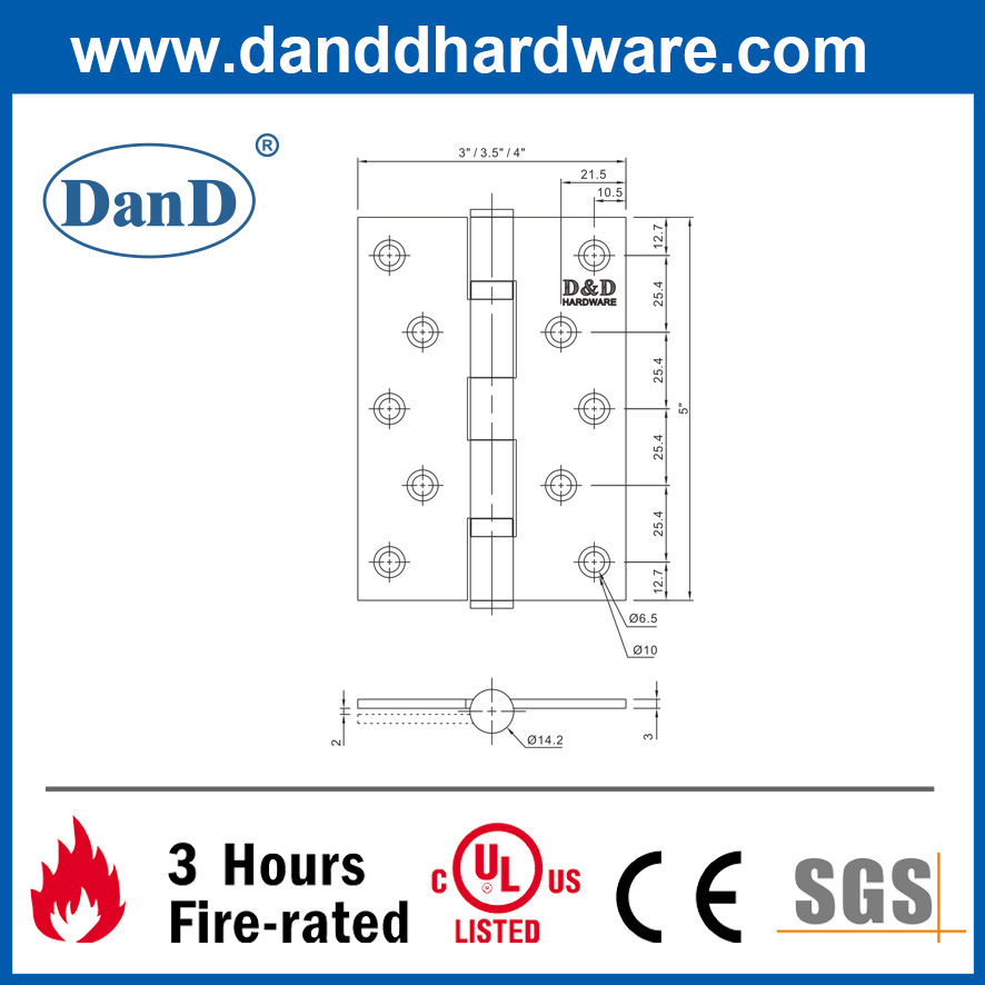Bản lề chống cháy bằng thép không gỉ 304 được liệt kê của UL cho cửa ngoài-DDSS005-FR-5x3.5x3.0