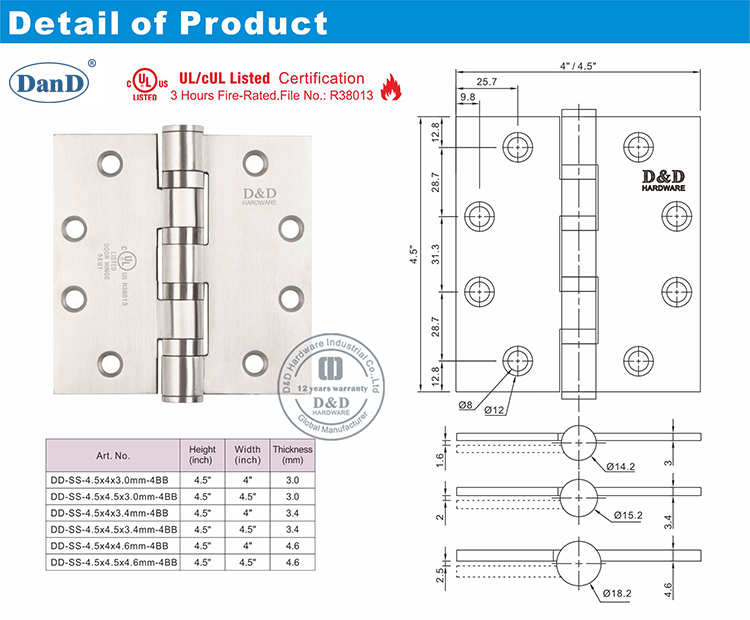 Bản lề cửa gỗ UL DDSS004-FR-D và D Phần cứng