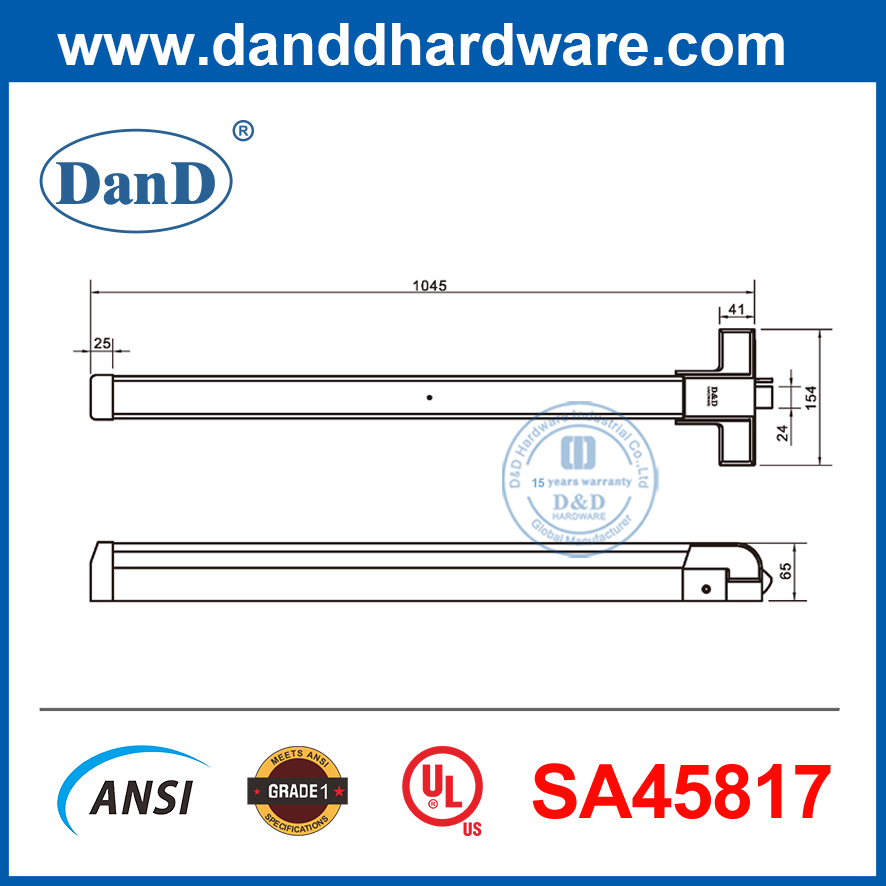 Thép không gỉ UL305 Hex Key Dogging Panic Phần cứng có chiều dài đầy đủ Thanh hoảng loạn bên ngoài-DDPD026