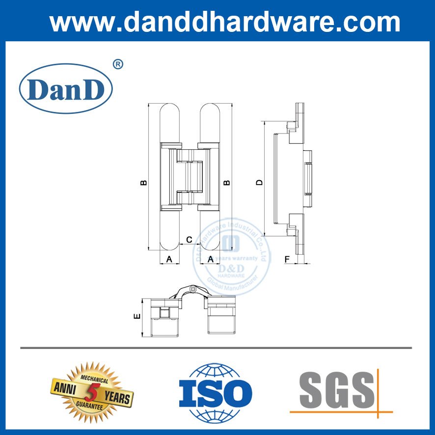 Bản lề điều chỉnh 3D Thép không gỉ 304 Điều chỉnh theo chiều dọc Bản lề cửa ẩn-DDCH018