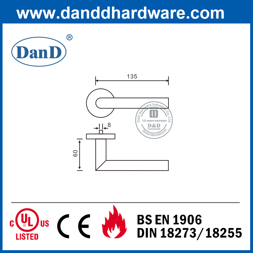 EN1906 Tay nắm cửa lắp bằng thép không gỉ 304 loại 4 chống cháy-DDTH003