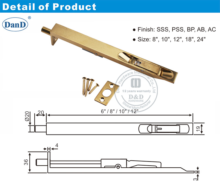 Phần cứng Bolt-D và D của cửa xả bằng đồng thau Stain