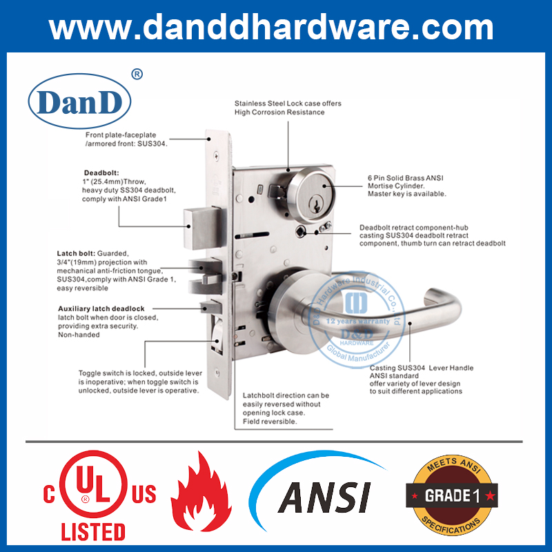 Khóa cửa vào bằng thép không gỉ 304 loại 1 ANSI-DDAL04