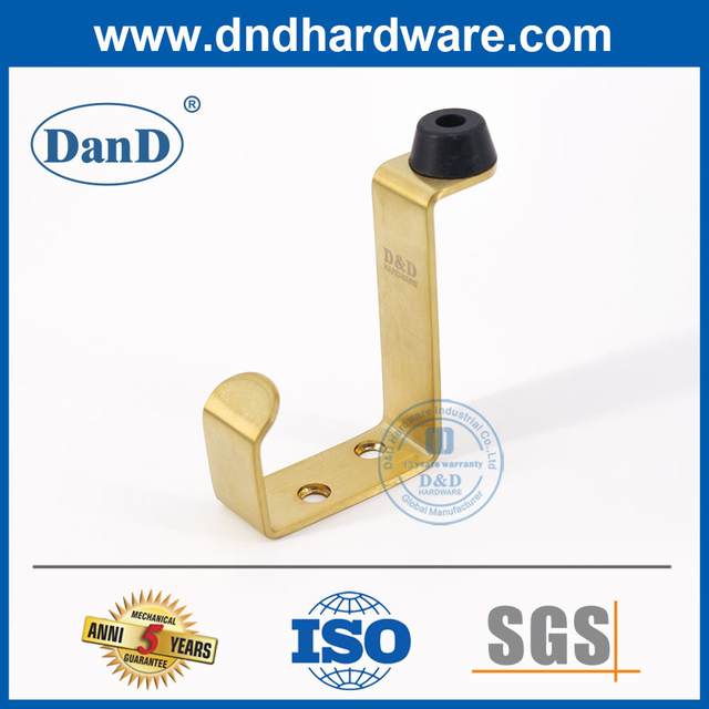 Nút chặn cửa màu vàng bằng thép không gỉ bằng đồng thau Satin có móc treo tường-DDDS024