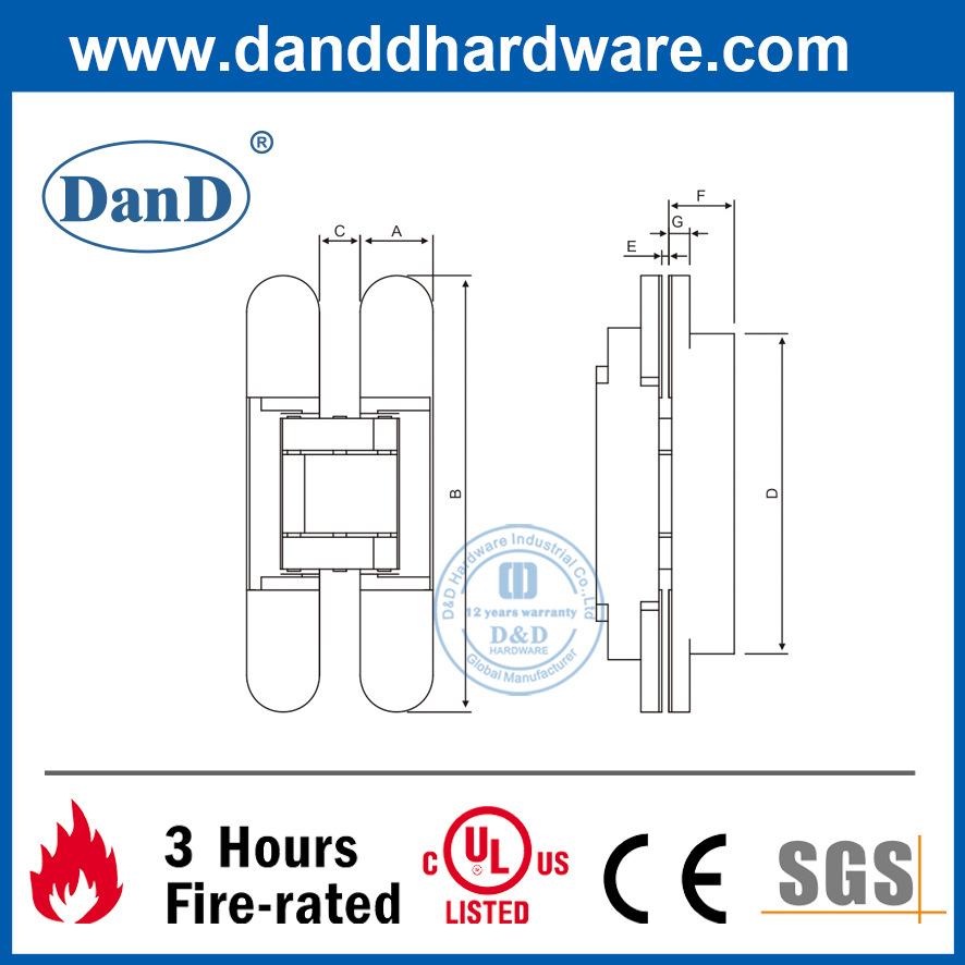 Bản lề cửa vô hình 3D hợp kim kẽm có thể điều chỉnh 180 độ-DDCH008-G40
