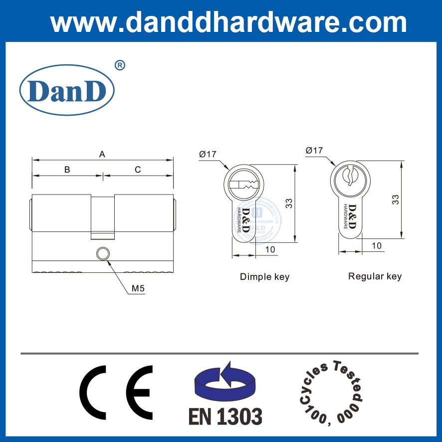 Xi lanh khóa mộng hồ sơ Euro EN1303 Xi lanh khóa cửa bằng đồng nguyên khối màu vàng-DDLC003-60mm-PB