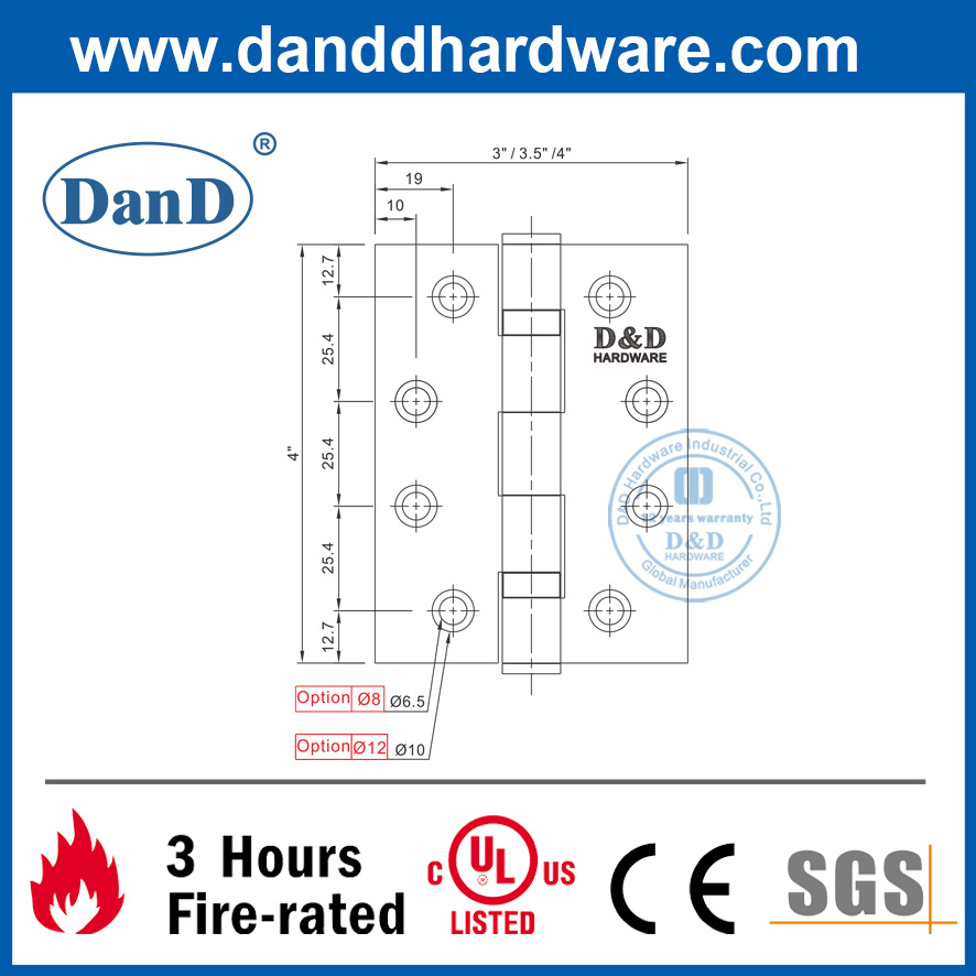Bản lề cửa chống cháy cấp 201 được liệt kê của UL-DDSS001-FR-4X3.5X3
